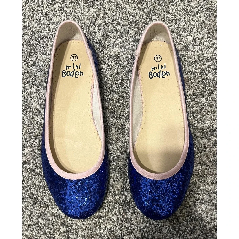 Mini Boden Shoes Girls Size 6.5 Blue Glitter Ballet Flats Pink‎ Trim Party